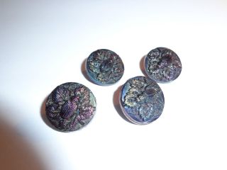 Set Of 4 Antique Iridescent Carnival Glass Scarab Buttons Beetles Insects Bugs photo