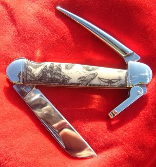 Scrimshaw By Shar,  Ship,  Harpoon,  Mariner Rigging,  Folding Knife/knives photo