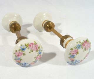 4 Porcelain Made In France Hand Painted Signed Door Knobs Roses & Bow Limoges photo