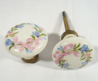2 Porcelain Made In France Hand Painted Signed Door Knobs Flowers & Bow Limoges photo