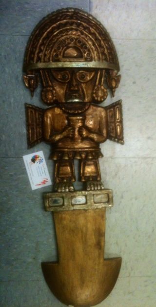 Antique Pre Columbian Reproduction Wood Carved Tumi,  Artifact,  Relic Art,  Clay photo
