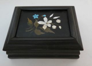 Antique Victorian Italian Pietra Dura Micro Mosaic Ebony Wood Trinket Jewel Box photo