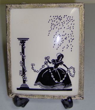 Vintage Reverse Painted Silhouette Convex Glass Victorian Lady Black White Mcm photo