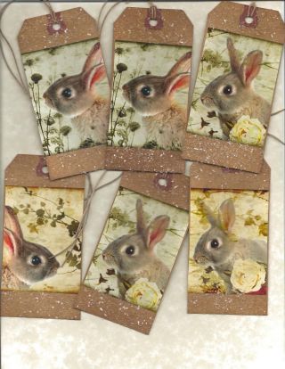 12 Primitive Tags Sweet Rabbit Hang Tags Folk Grungy photo