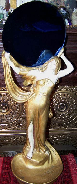 27 Inch Antique Art Nouveau Deco Statue Cobalt Blue Mirror Gold Lady Sculpture photo