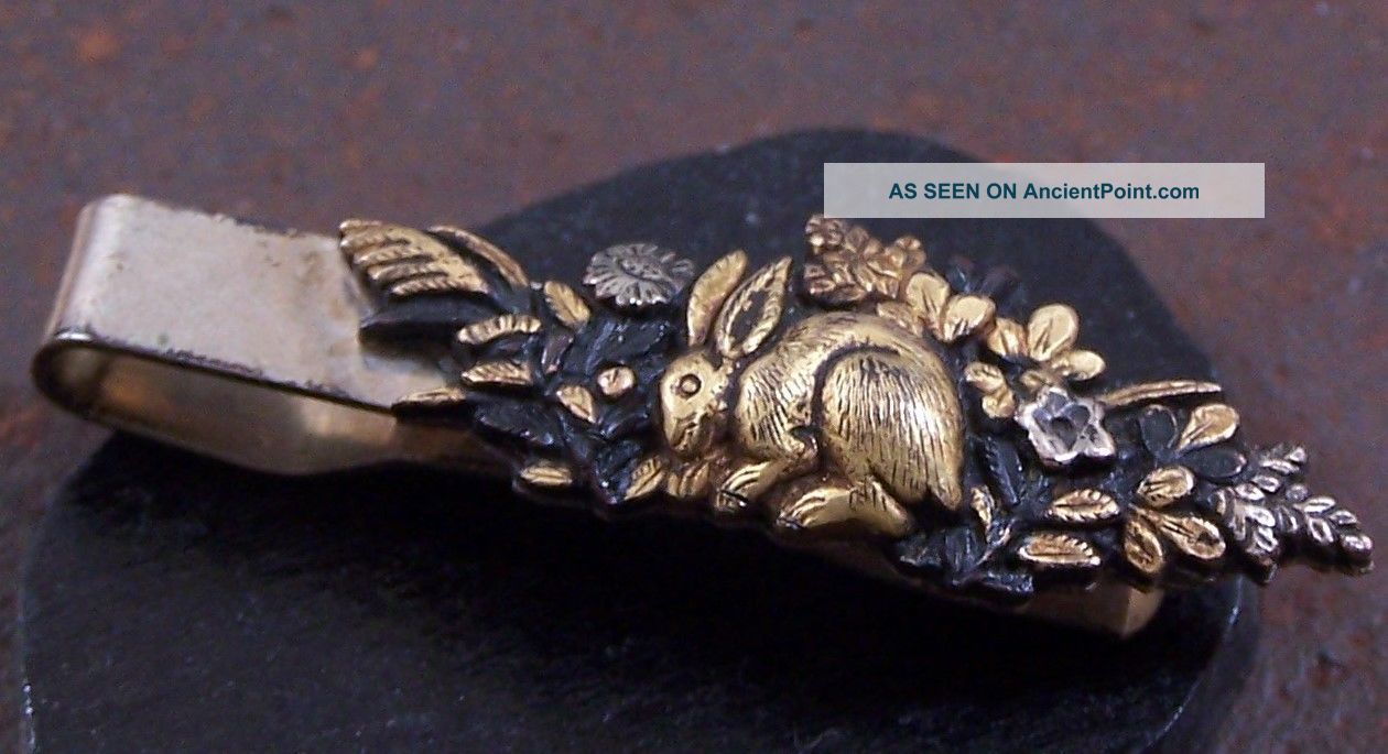 Japanese Edo Shakudo Gilted Menuki - Rabbit - Sterling Silver Tie Bar/money Clip Swords photo