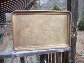Middle East Solid Brass Tray Ornate Peacock Hand Etched 28 1/2 