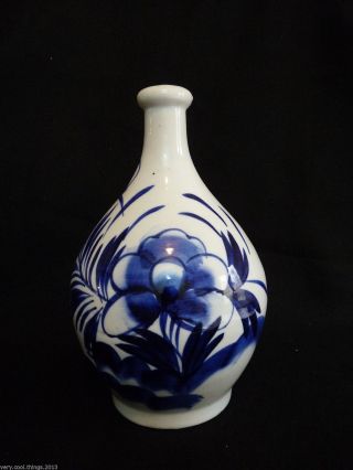 Very Fine Japanese Arita - Style Blue & White Bottle Vase W/ Hand - Painted Peonies photo
