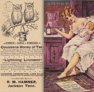 Lightning Liniment Cure Bottle Mortar & Pestle Owl Drug Advertising Trade Card photo
