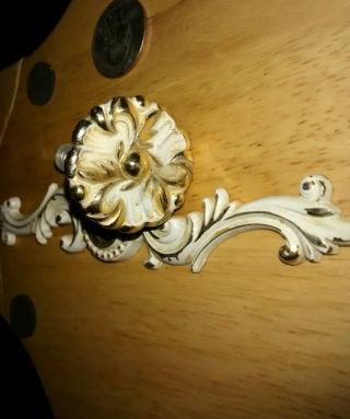 Vintage French Provincial Drawer Pull And Knob 1960s Brass & White photo