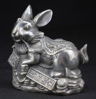Decorated Handwork Old Miao Silver Carved Rabbit Get Rich Statue Marked photo