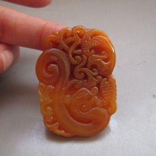 Natural Chinese Huang Dragon Jade Carved Dragon Phoenix Pendant Nr photo
