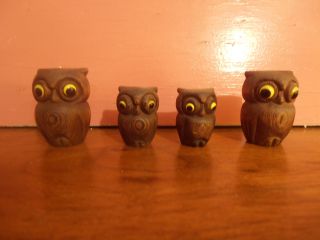 Mid - Century Set Of 4 Wooden Omc Owls - 2 Large & 2 Small photo