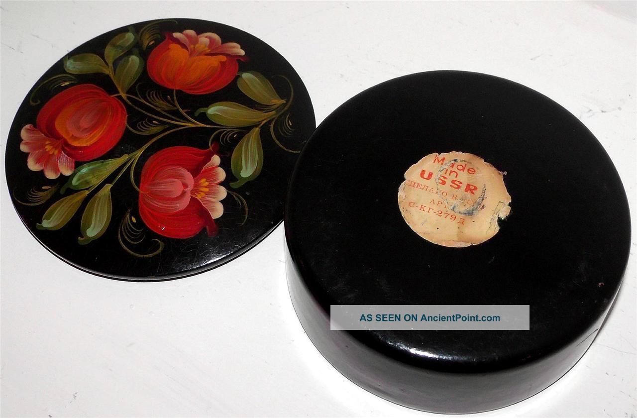 Vintage Russian Large Round Hand Painted Papier Mache Box (with U.  S.  S.  R.  Label) Russian photo
