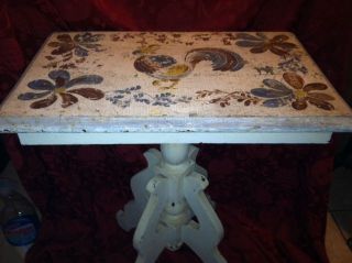 Antique Victorian Shabby Rooster Table Side Wood Vtg White Art Chic Country Old photo