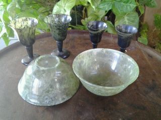 Fine Pair Green Jade Translucent Bowls Tea Wine Cups Early Antique Nephrite Rare photo