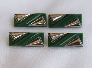 Vintage Art Deco Set Of 4 Silver & Forest Green Glass Buttons photo