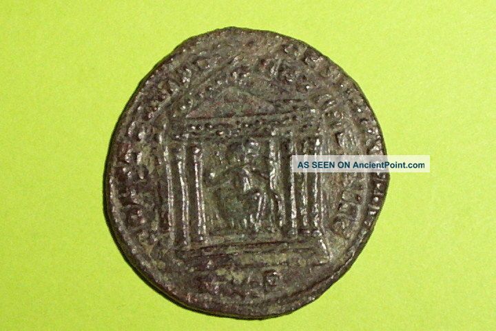 Ancient Roman Coin Temple Maxentius 306 Ad - 312ad Old Rome Goddess Roma Vf Roman photo