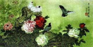 52x25inch - Oriental Asian Art Chinese Painting - Dove Bird Flower Blossom photo