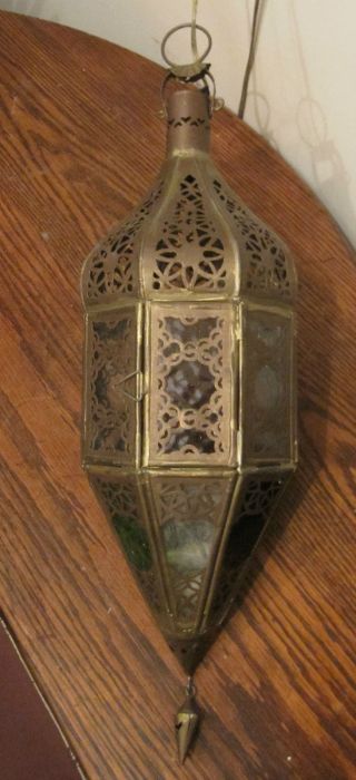 Antique Pierced Brass Glass Turkish Moroccan Lantern Hanging Lamp Sconce Fixture photo