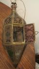Antique Pierced Brass Glass Turkish Moroccan Lantern Hanging Lamp Sconce Fixture Chandeliers, Fixtures, Sconces photo 3