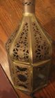 Antique Pierced Brass Glass Turkish Moroccan Lantern Hanging Lamp Sconce Fixture Chandeliers, Fixtures, Sconces photo 5