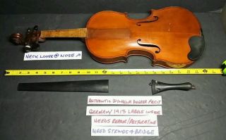 Wilhelm Duerer Fecit Full Size Violin Labeled Germany 1913 Needs Restoration photo