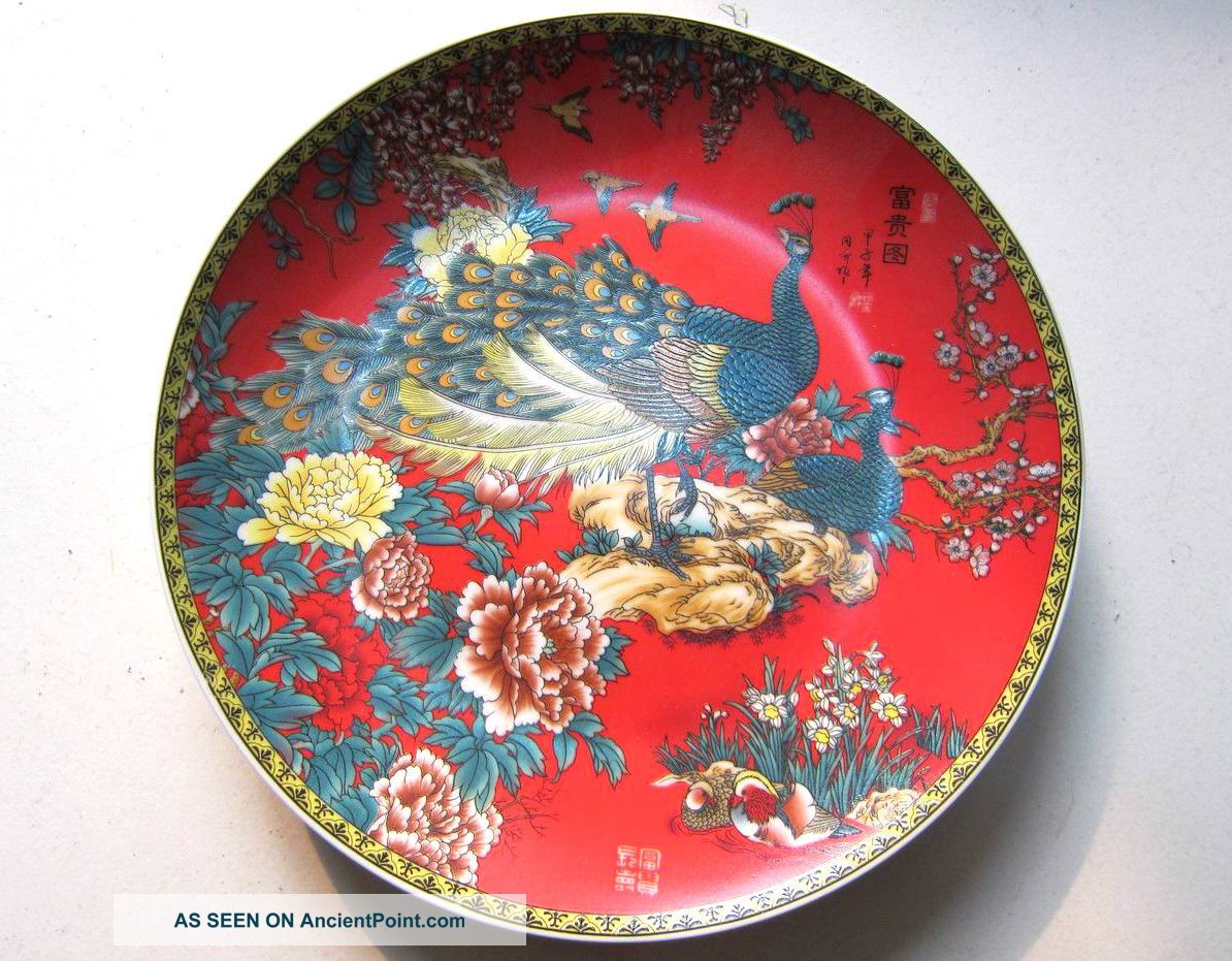 Porcelain Chinese Plate Ceramic Glaze Red Peafowl Flowers Auscipious Old Plates photo