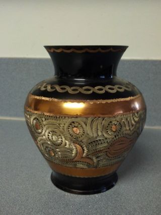 Vintage,  Carved,  Copper,  Middle,  Eastern,  Turkish,  Flower,  Enameled,  Bowl,  Pot,  Vase, photo