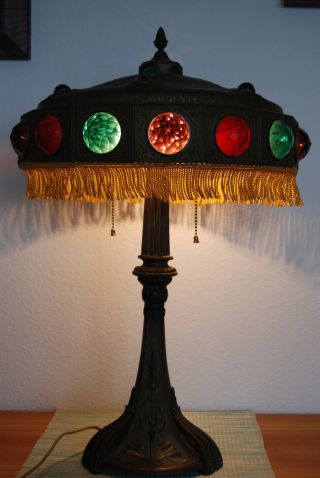 Art Nouveau Deco Antique Old Jeweled Glass Arts And Crafts Vintage Table Lamp photo