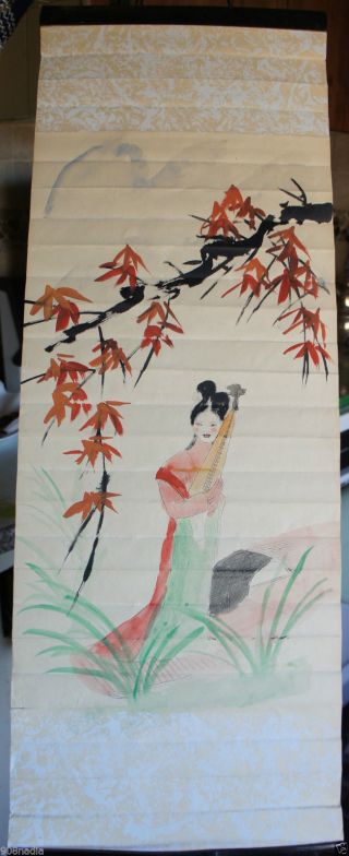 Vintage Japanese/chinese Scroll Woman W/guqin Watercolor/paper photo