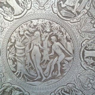 Large Antique Art Pewter Charger Adam And Eve 15.  5 