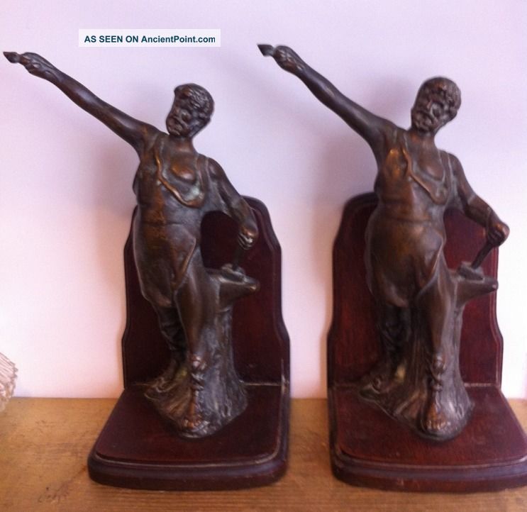 Vintage Antique Bronze Hephaetus Greek God Man Art Statue Sculpture Set Bookend Metalware photo