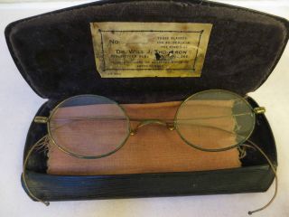 Antique Wire - Rim Eyeglasses W Doctors Name On Case & Cleaning Cloth,  Gold Patina photo