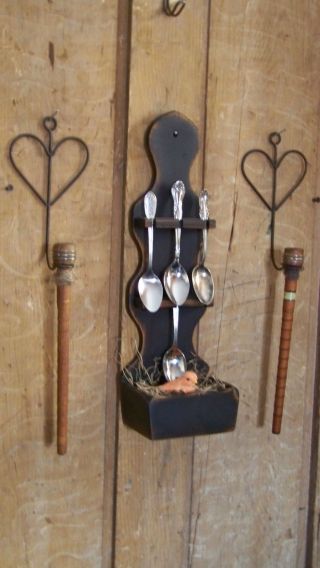 Vintage 2 Old Bobbin Candle Holders On Metal Hangers & Spoon Holder & 4 Spoons photo