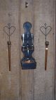 Vintage 2 Old Bobbin Candle Holders On Metal Hangers & Spoon Holder & 4 Spoons Primitives photo 2
