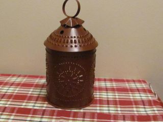 3 Section Primitive Burgundy Punched Tin Starburst Tart Warmer Lit photo