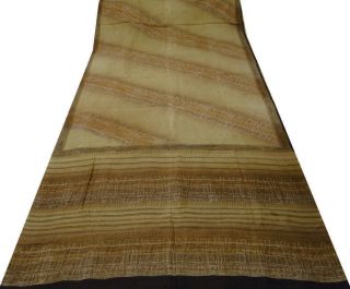 Vintage Saree Art Silk Printed India Sari Fabric Brown Craft Art Deco 5yd photo
