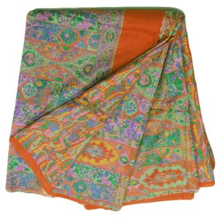 Vintage Saree Art Silk Fabric Printed Indian Orange Sari Antique Wrap Decor Drap photo