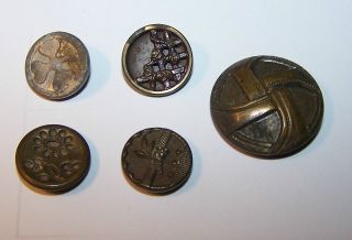 - 5 Antique Metal Buttons - All Different - Clover - Floral - Abstract - Art - Craft photo