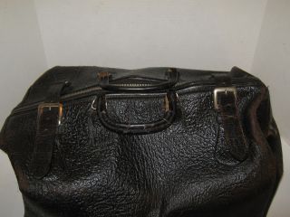 Antique Black Leather Doctor ' S/ Duffel Bag W/talon Crest Latch Zipper & Buckled photo
