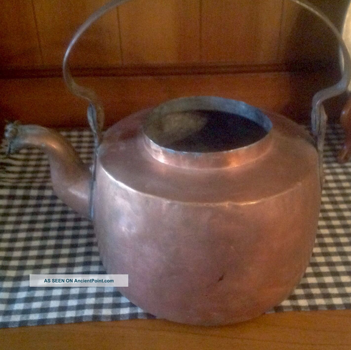 Antique Primitive Copper Kettle Dove Tailed Handle With Heart Motif No Lid Primitives photo
