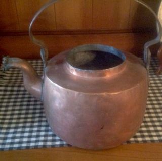 Antique Primitive Copper Kettle Dove Tailed Handle With Heart Motif No Lid photo