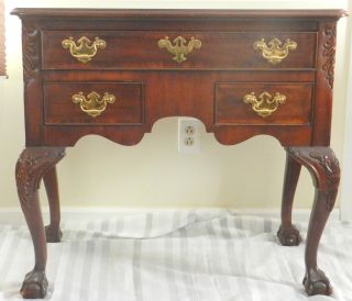Mahogany Side Entry Foyer Wood Table Ball Claw Foot 3 Drawers Carving Inlaidtop photo