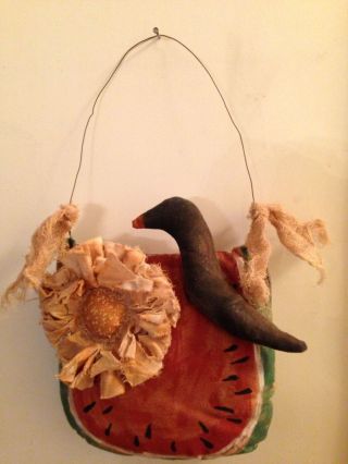 Primitive Crow On Watermellon With Sunflower,  Spring,  Rag Doll,  Folk Art photo
