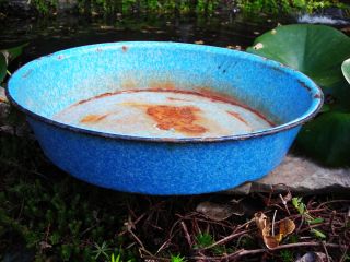 Enamelware Graniteware Basin Bowl Blue White Sponge Antique Vintage Primitive photo