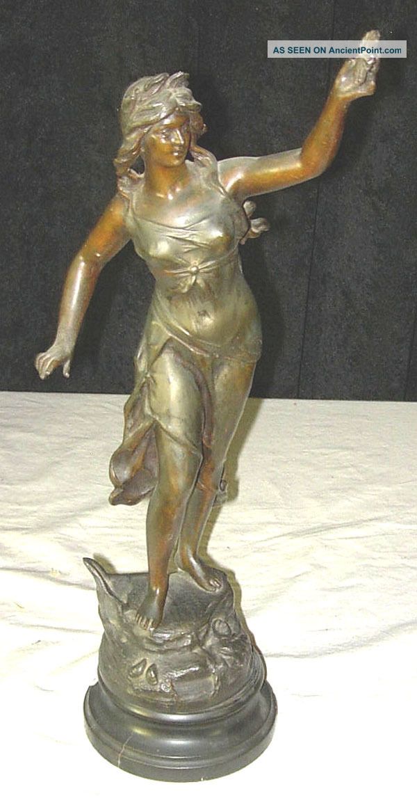 1890 ' S Art Nouveau Bronze Sculpture Lady Holding Flower Signed E.  Fuchs (emil) Art Nouveau photo