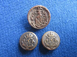 Antique Brass Ornate Crest Buttons,  Brass Shanks 3 Vintage Collectible Buttons photo