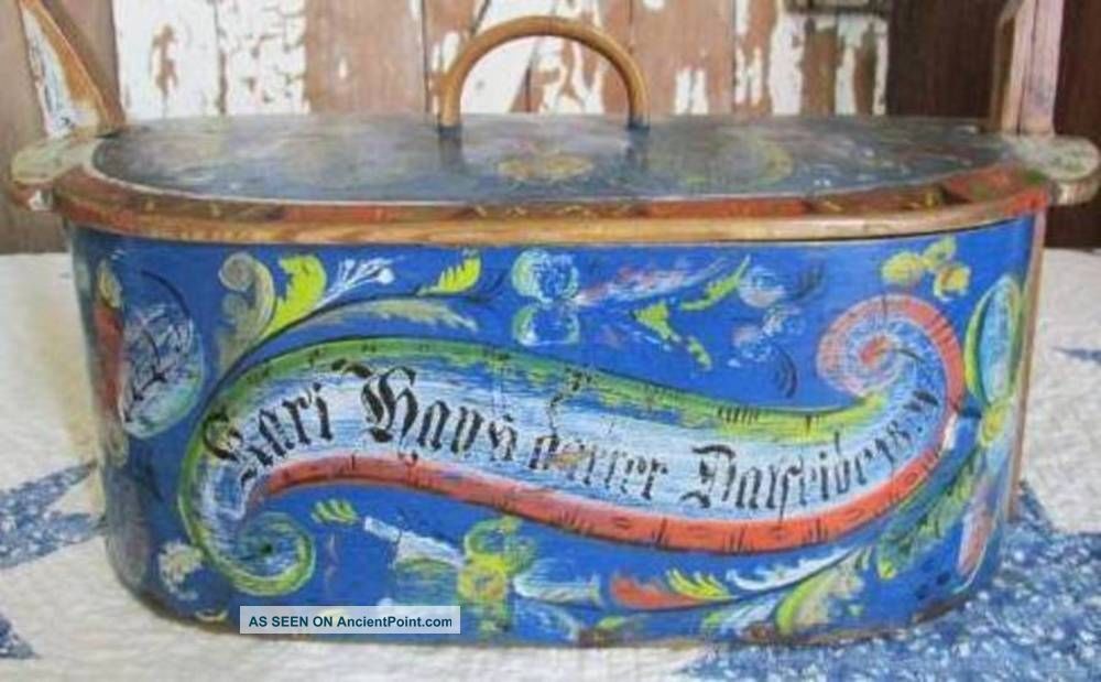 Antique Norwegian Dtd 1891 Bridal Basket Tine Box Orig Paint Rosemaling Sewing Boxes photo