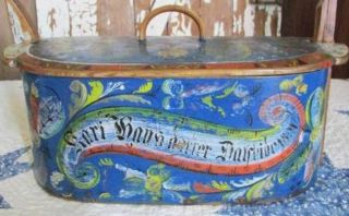 Antique Norwegian Dtd 1891 Bridal Basket Tine Box Orig Paint Rosemaling Sewing photo